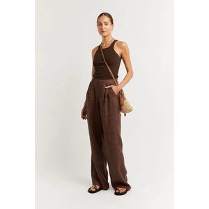 NWT Dissh Womens Pants Noarah Chocolate Brown Size 8 Linen Wide Leg High Waist